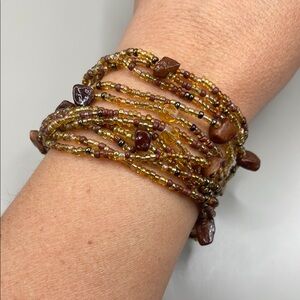 Vintage Native American Style Seed Beaded Brown Bangle Cuff Statement Bracelet